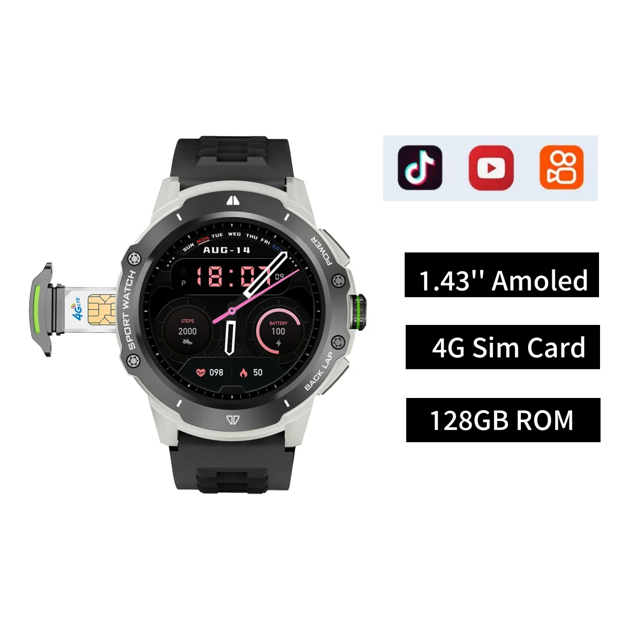 KB08 Ʈ ġ 4G Ʈũ SIM ī, 1.43 ġ AMOLED 200W ī޶, GPS ,  ÷, ̳ ̾, ȵ̵, , ǰ